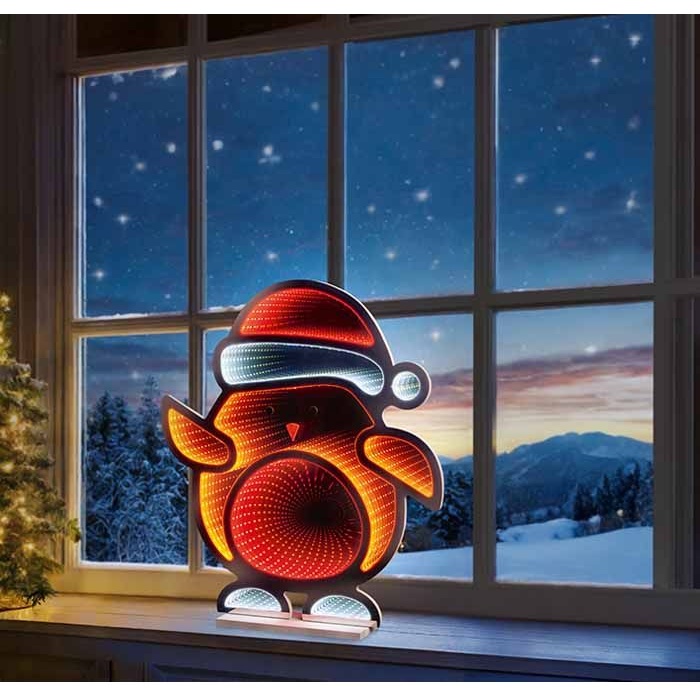 Premier Standing Robin with Santa Hat Infinity Mirror - 60cm