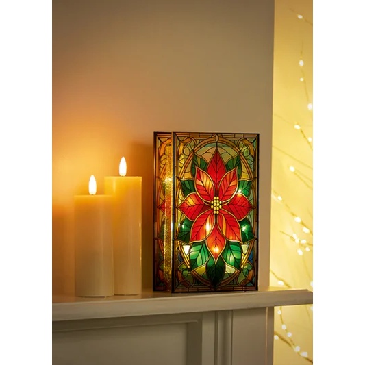 Premier Lit Poinsettia Stained Glass - 21cm
