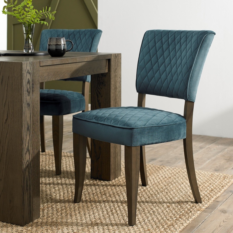 Winnipeg Fumed Oak Dining Chair Pair With Diamond Stitched Seat/Back - Azure Velluto Velvet