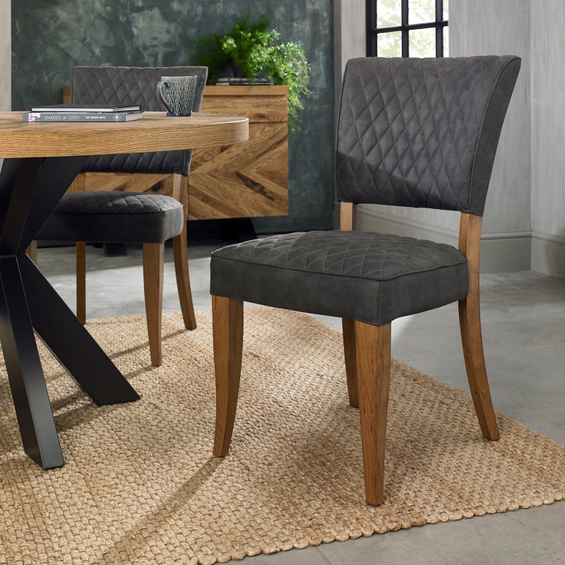 Winnipeg Rustic Oak Dining Chair Pair With Diamond Stitched Seat/Back - Old West Vintage Faux Leather