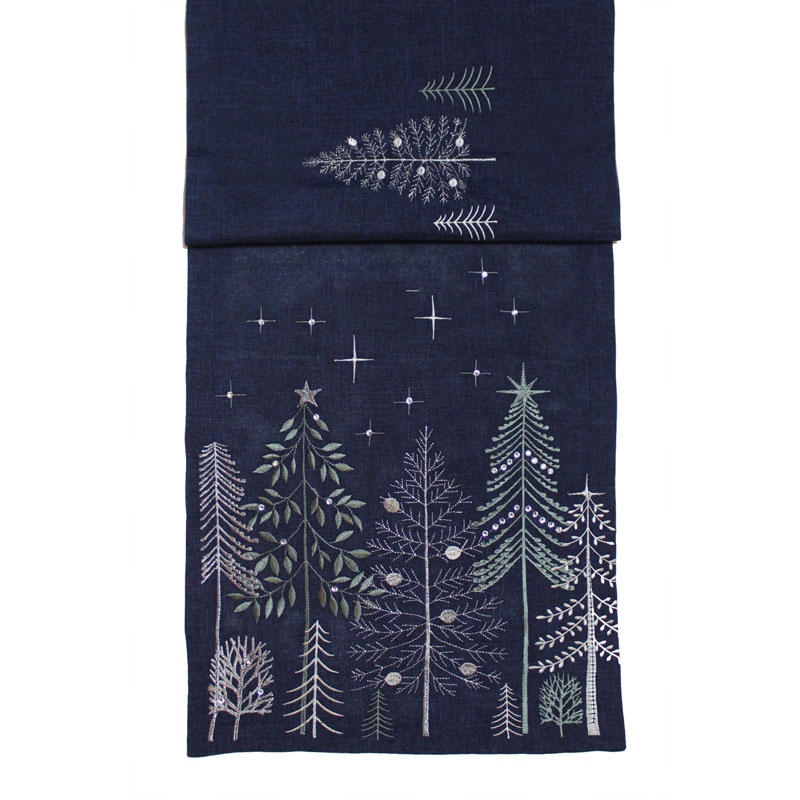 Peggy Wilkins Starlight Pines Christmas Table Runner 14"x 75" - Navy