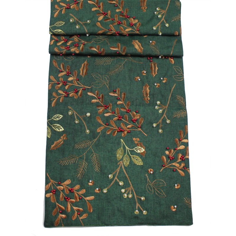Peggy Wilkins Berry Beads Christmas Table Runner 14"x75" - Green