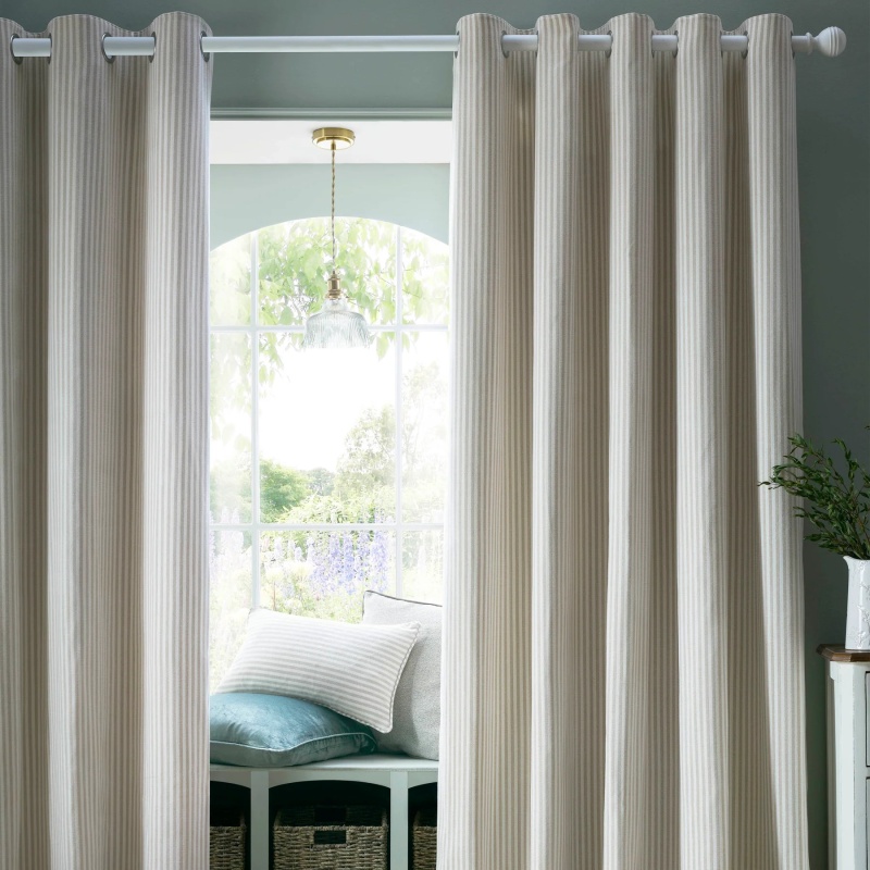 Laura Ashley Cornish Chenille Stripe Lined Eyelet Curtains - Natural