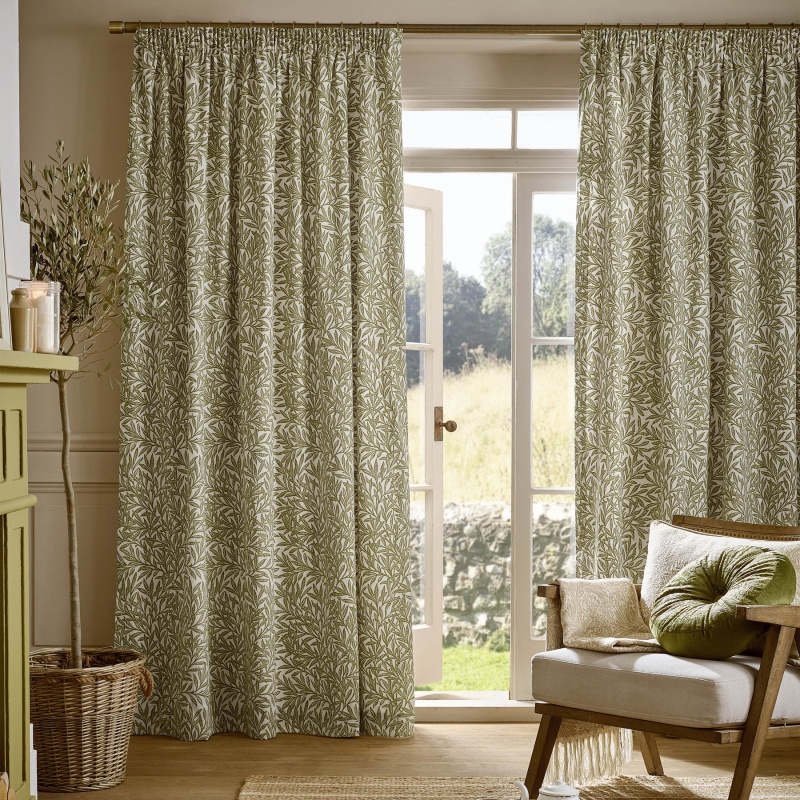 William Morris at Home Original Willow Lined Pencil Pleat Curtains - Olive - W 90 x D 72