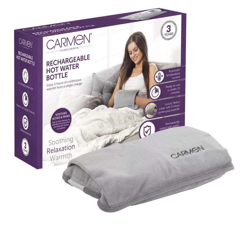 Carmen C85043GRY Rechargeable Hot Water Bottle & Cosy Hand - Grey