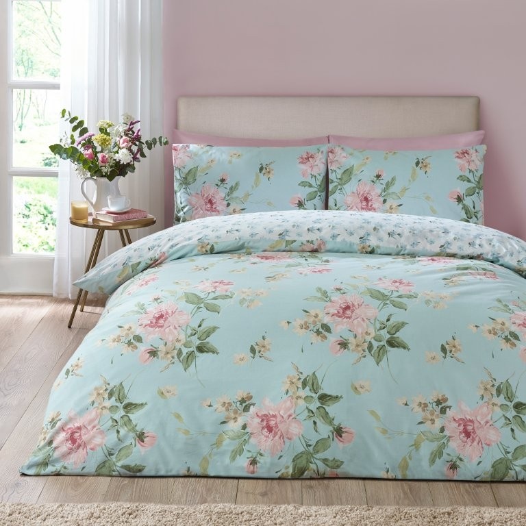 Catherine Lansfield Avebury Floral Duvet Set - Duck Egg - Super King