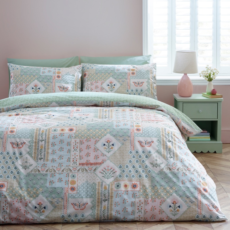 B&Q - Folk Patchwork Reversible Single Duvet Cover Set With Pillowcase Green - Image 8