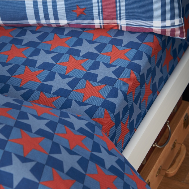 Catherine Lansfield Blue/Red Stars And Check Fitted Sheet - And - Double