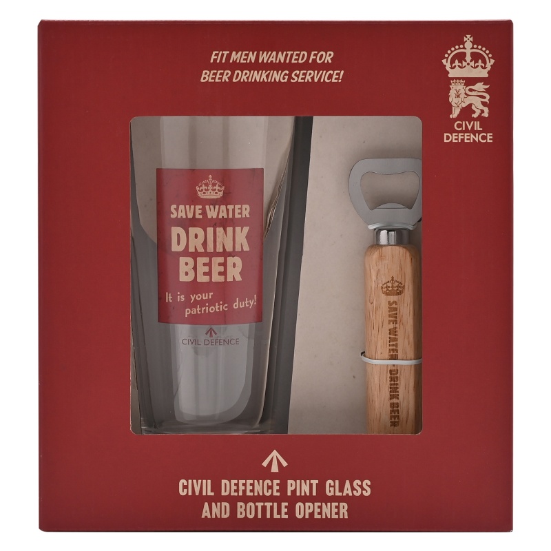 Civil Defence Pint Glass & Bottle Opener Set