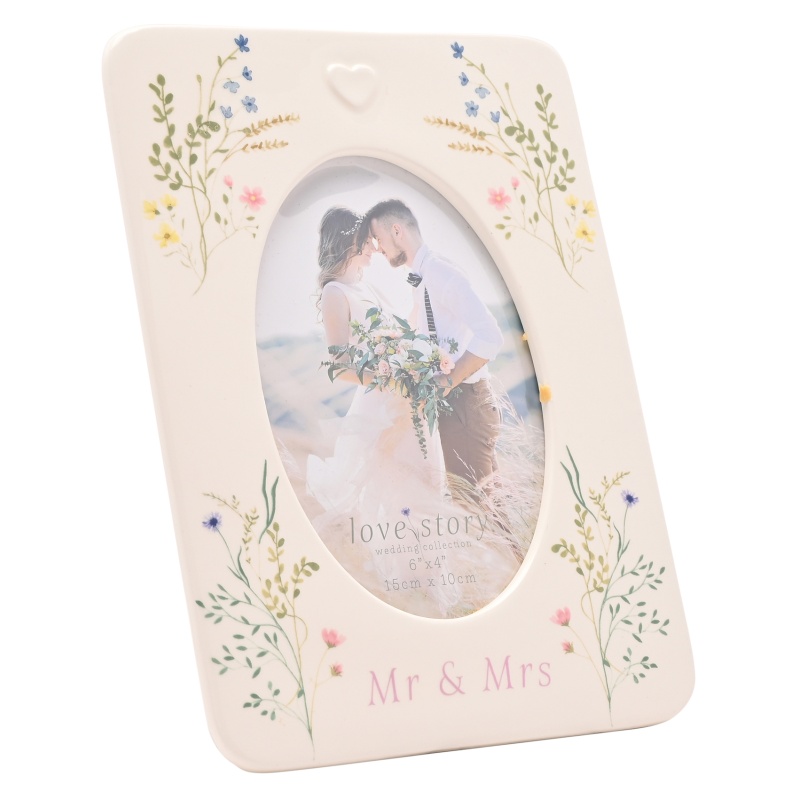 Love Story Ceramic Photo Frame 4 X 6 Floral - Mr & Mrs