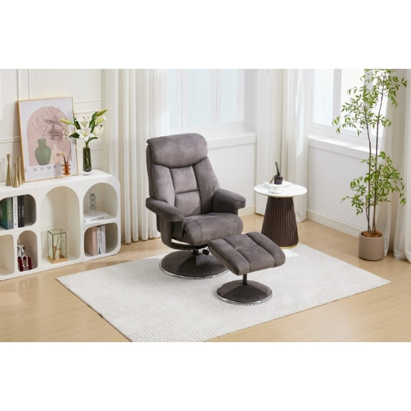 Jupiter Swivel Recliner & Footstool in Carbon Grey Fabric