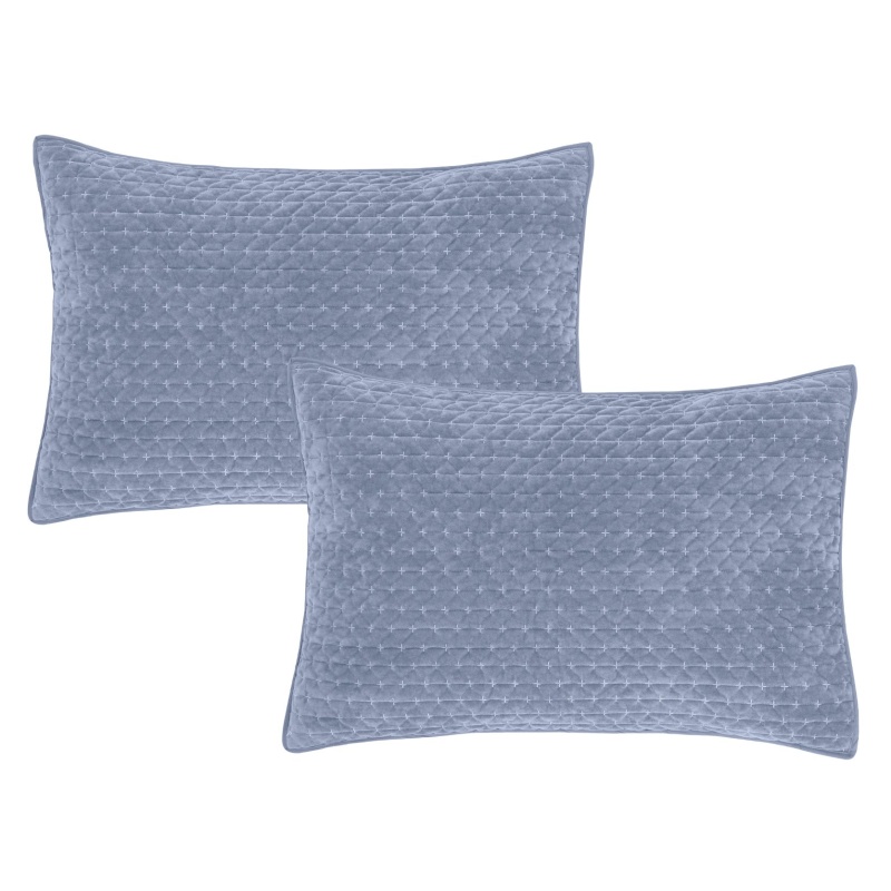 Bianca Attica Velvet Embroidered Pillow sham Pair Blue - Image 3