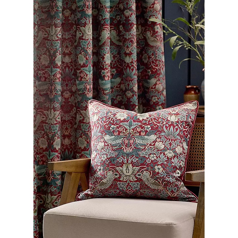 Morris & Co Strawberry Thief Jacquard Feather Cushion 55cm - Berry
