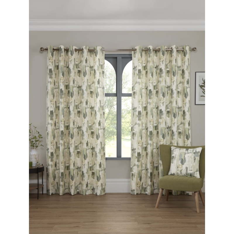 Sundour Green/Light Bamford Abstract Lined Eyelet Curtains - Fennel - W 66 X D 54