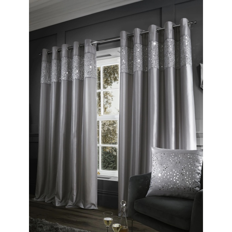 Catherine Lansfield Grey Glitzy Lined Eyelet Curtains - W 90 X D 90