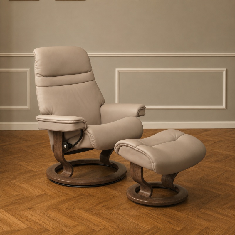 Stressless Stressless Sunrise (M) Chair & Stool Set in Paloma Mushroom Leather with Smoked Oak Classic Base