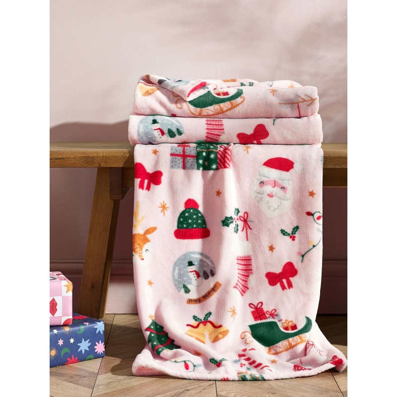 Catherine Lansfield Christmas Happy Holidays 130x170cm Blanket Throw Pink - Image 3
