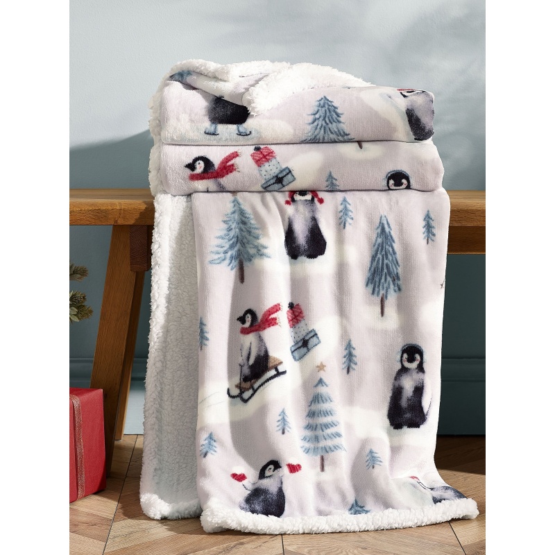 Catherine Lansfield Catherine Lansfield Christmas Sherpa Penguins Throw 130x170cm - Natural