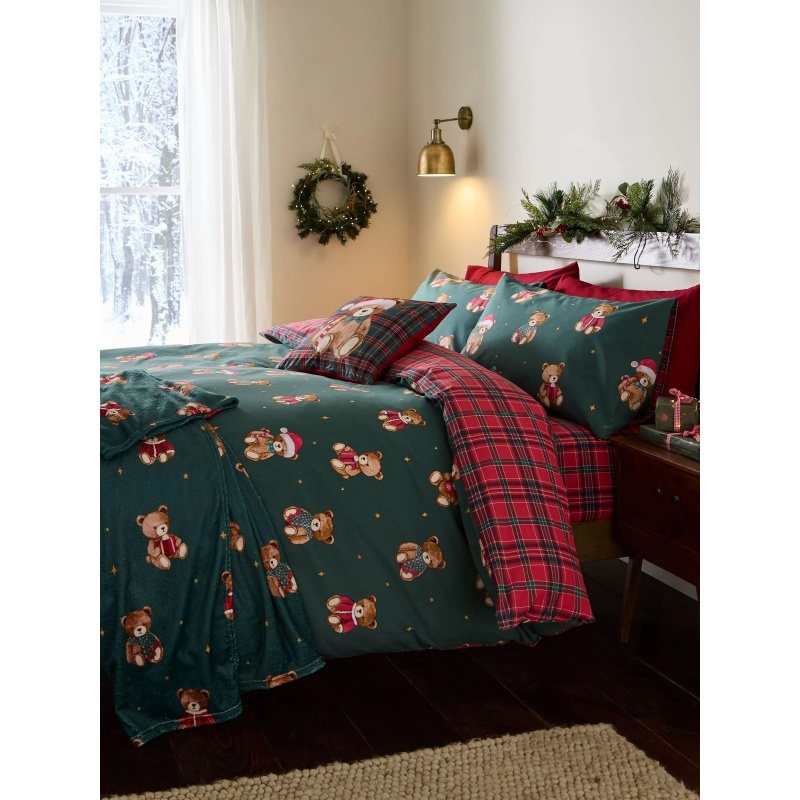 Catherine Lansfield Catherine Lansfield Christmas Tartan Teddy Bear Duvet Set - Green