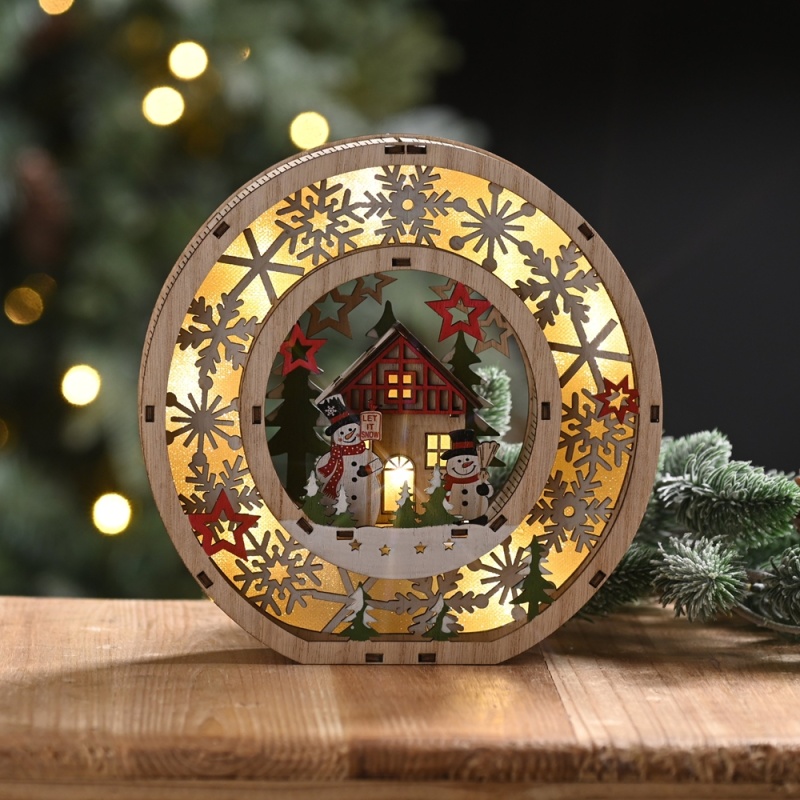 Festive Festive Lit Wooden Snowman Wreath 19cm