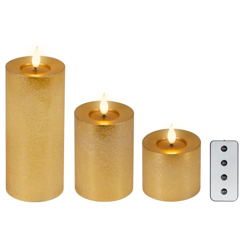 Lumineo Lumineo LED Realistic Wick Candle Set of 3 - Gold