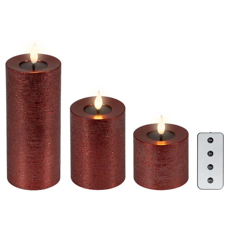 Lumineo Lumineo LED Realistic Wick Candle Set of 3 - Oxblood