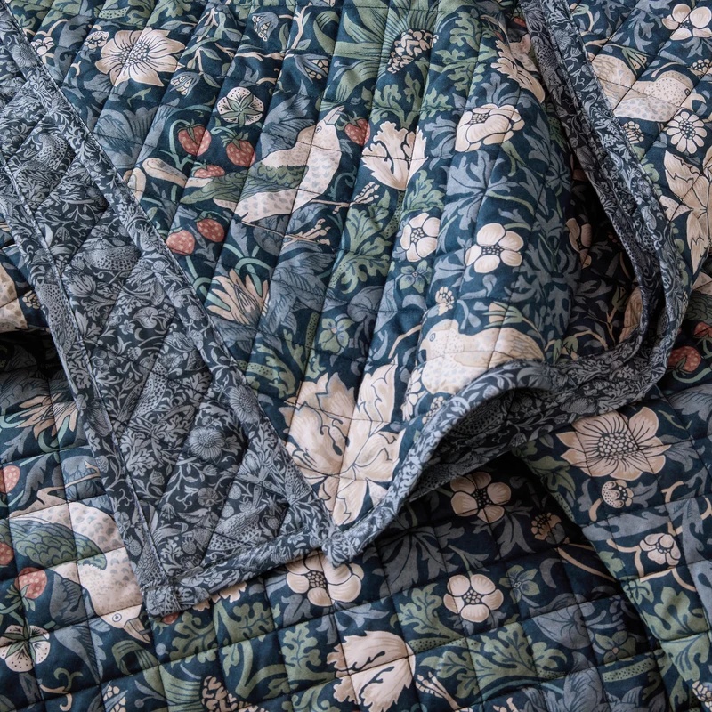 William Morris At Home Midnight Strawberry Thief Bedspread - Prussian Blue