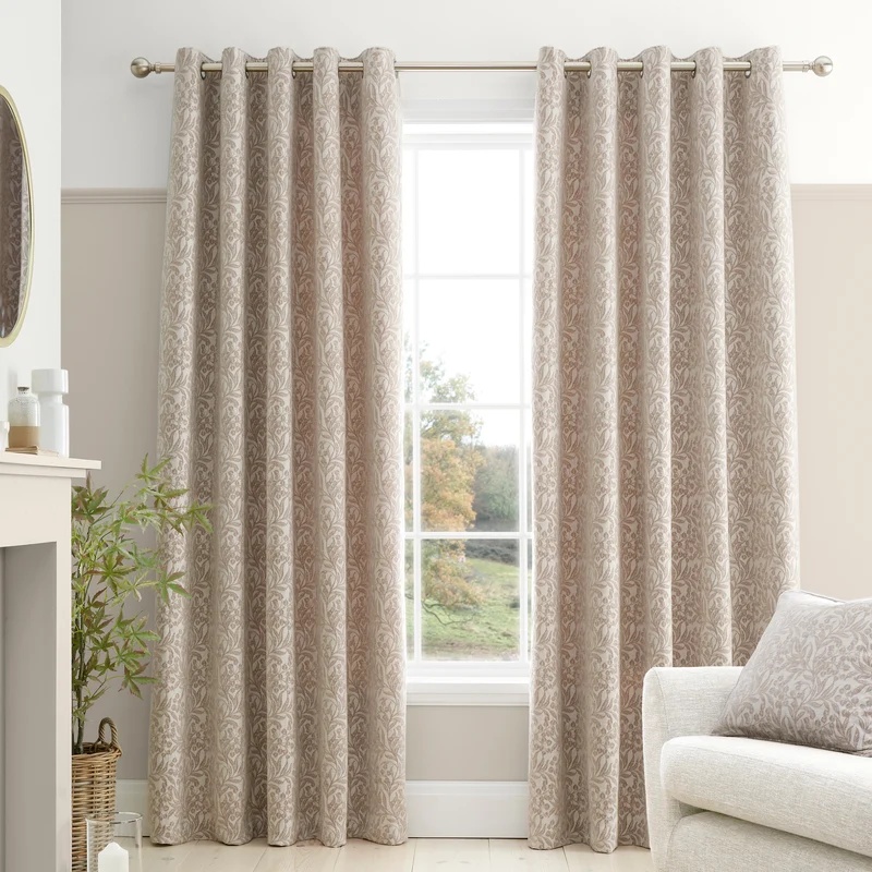 Bianca Chenille Leaves Eyelet Curtains - Natural