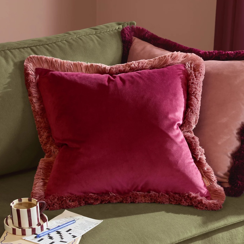 Furn Halo Fringed Velvet Feather Cushion 50cm - Burgundy/Slipper