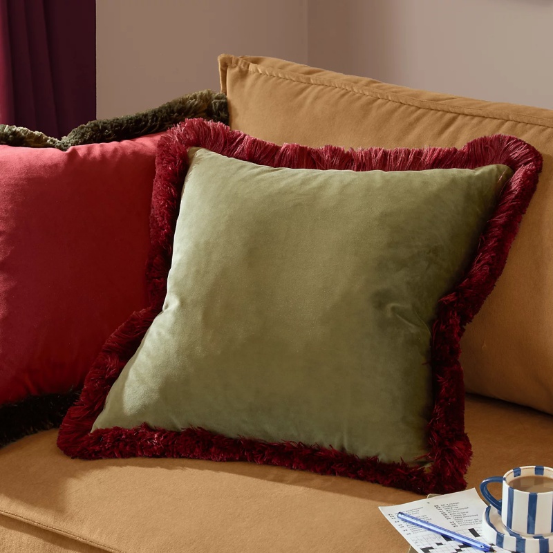 Furn Halo Fringed Velvet Feather Cushion 50cm - Fir Green/Dark Red