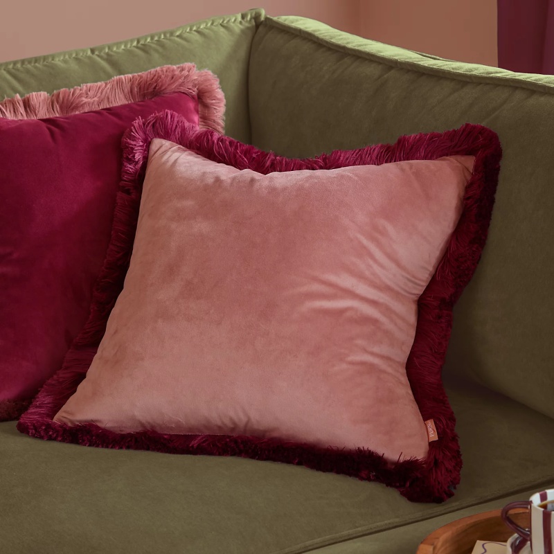 Furn Halo Fringed Velvet Feather Cushion 50cm - Slipper/Burgundy