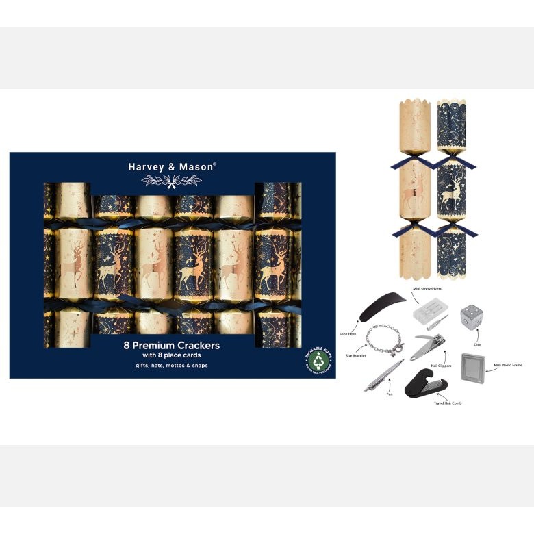 Premium Navy Reindeer Christmas Crackers 8pk